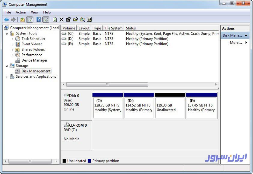 disk management در ویندوز 7