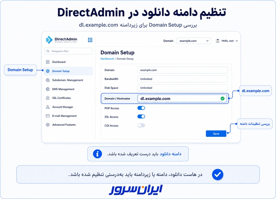 تنظیم دامنه dl در Domain Setup دایرکت ادمین