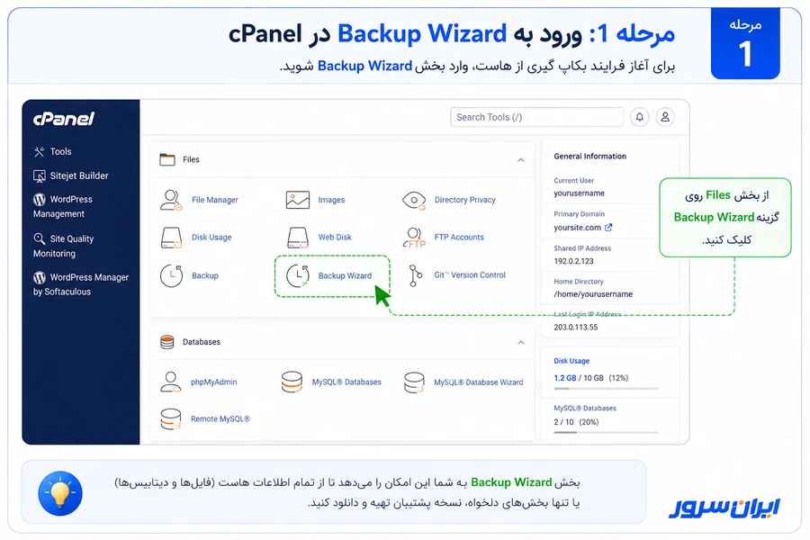 ورود به Backup Wizard برای بکاپ گیری از هاست سی پنل
