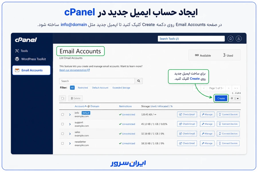 کلیک روی Create برای ساخت ایمیل Info در سی پنل