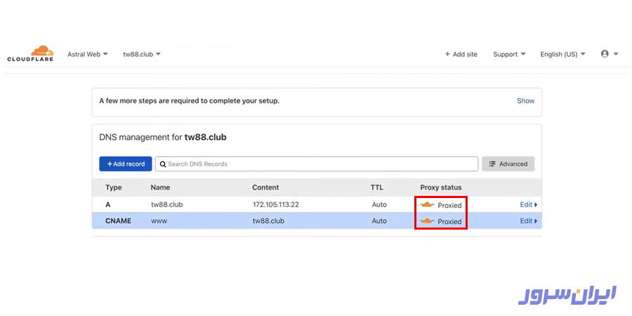 دکمه Proxied در پنل کاربری کلودفر
