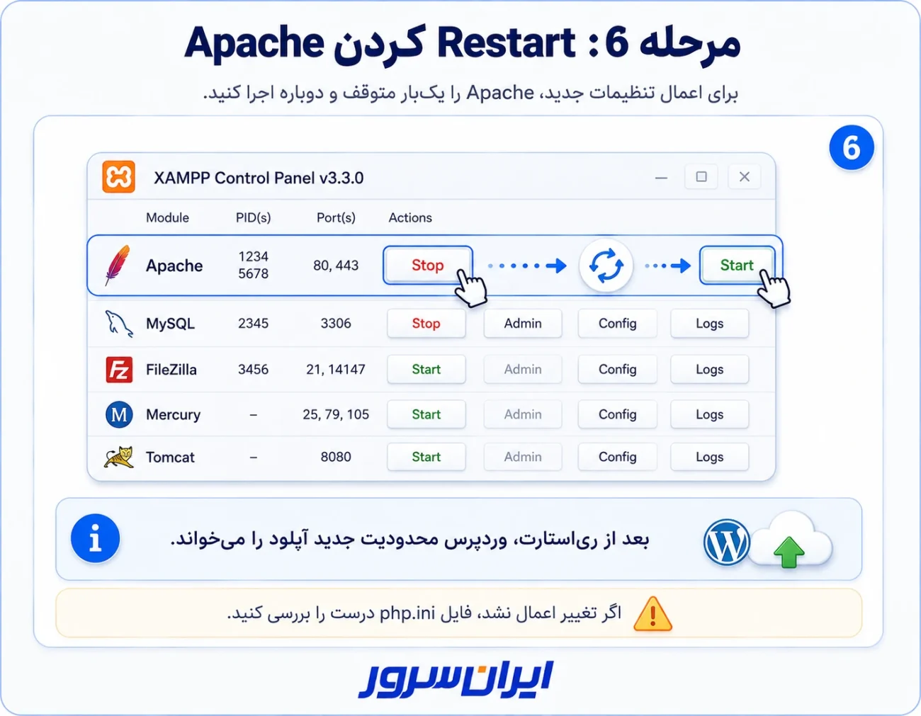 ری استارت کردن Apache در XAMPP برای اعمال تنظیمات php.ini